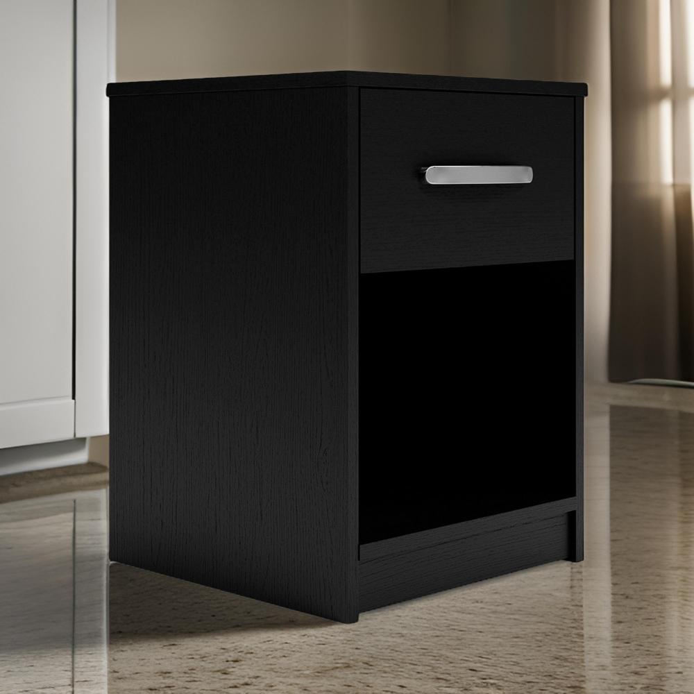 Benjara Finny Nightstand, 1 Drawer 1 Shelf, Matte Black, Silver Metal, 22 Inch