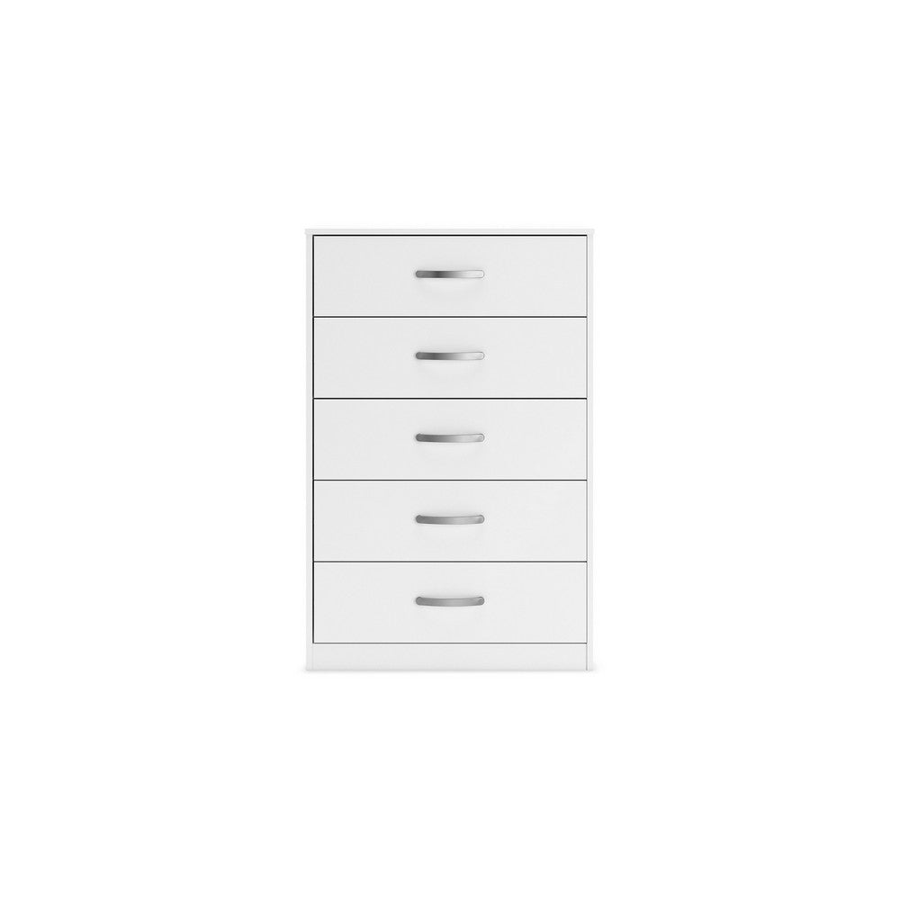 Benjara Eriss Tall Dresser Chest, 5 Drawers, White Wood, Silver Metal, 46 Inch