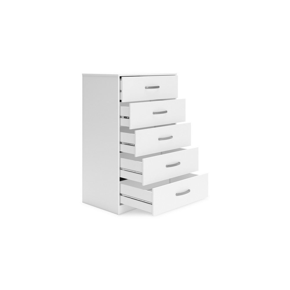 Benjara Eriss Tall Dresser Chest, 5 Drawers, White Wood, Silver Metal, 46 Inch