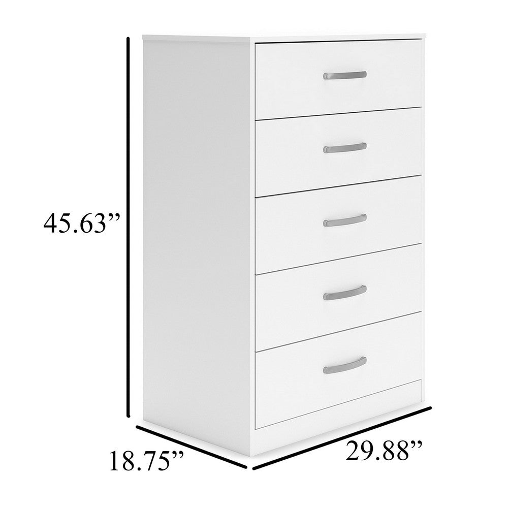 Benjara Eriss Tall Dresser Chest, 5 Drawers, White Wood, Silver Metal, 46 Inch
