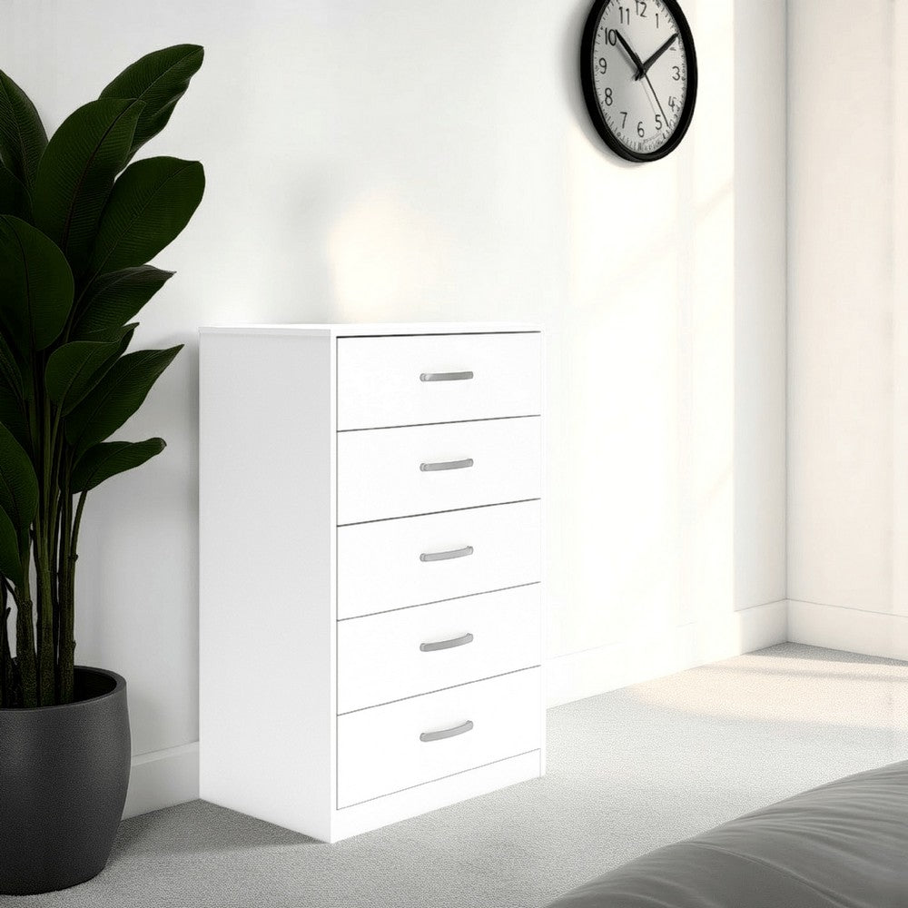 Benjara Eriss Tall Dresser Chest, 5 Drawers, White Wood, Silver Metal, 46 Inch