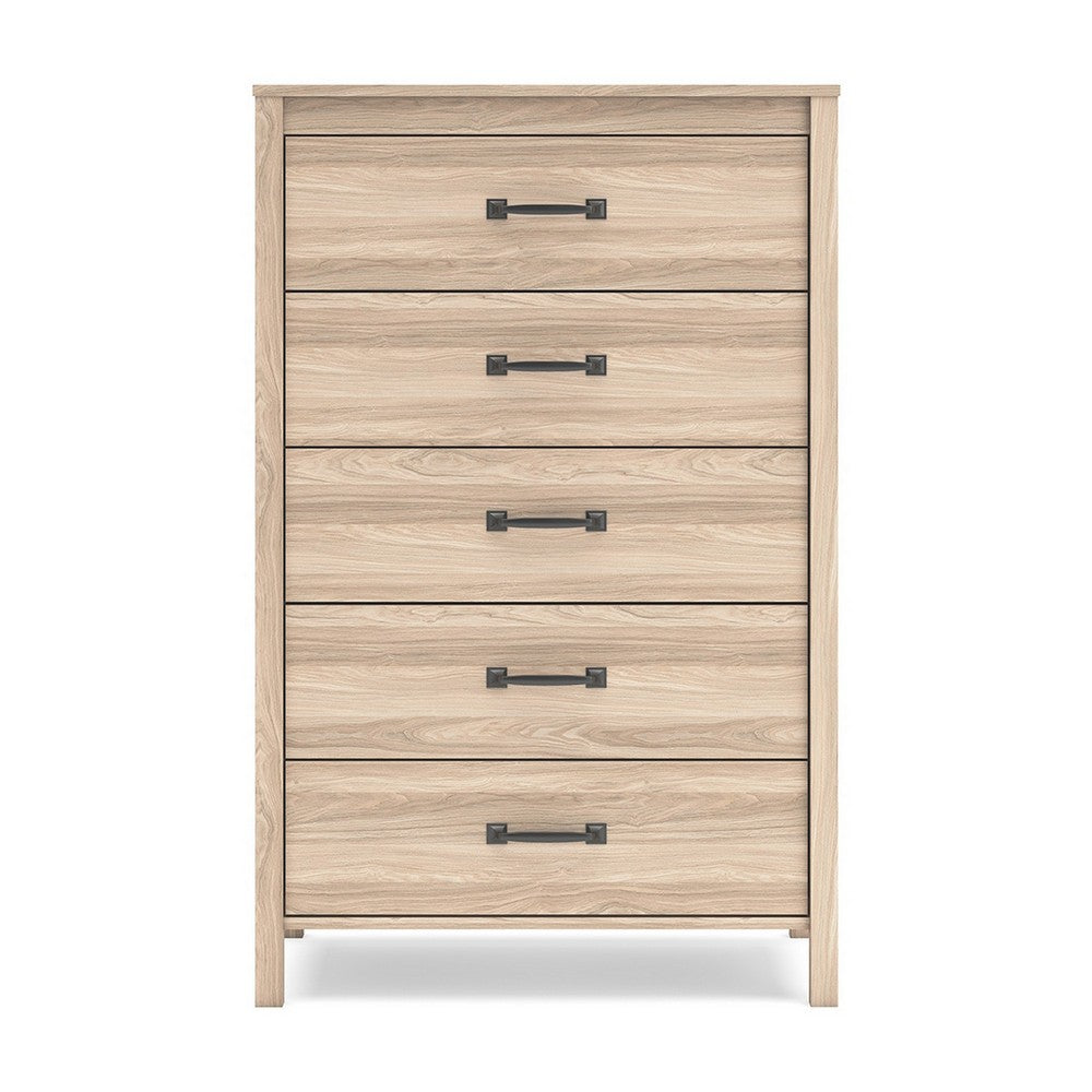 Benjara Bette Tall Dresser Chest, 5 Drawers, Light Oak Brown Finish, 60 Inch