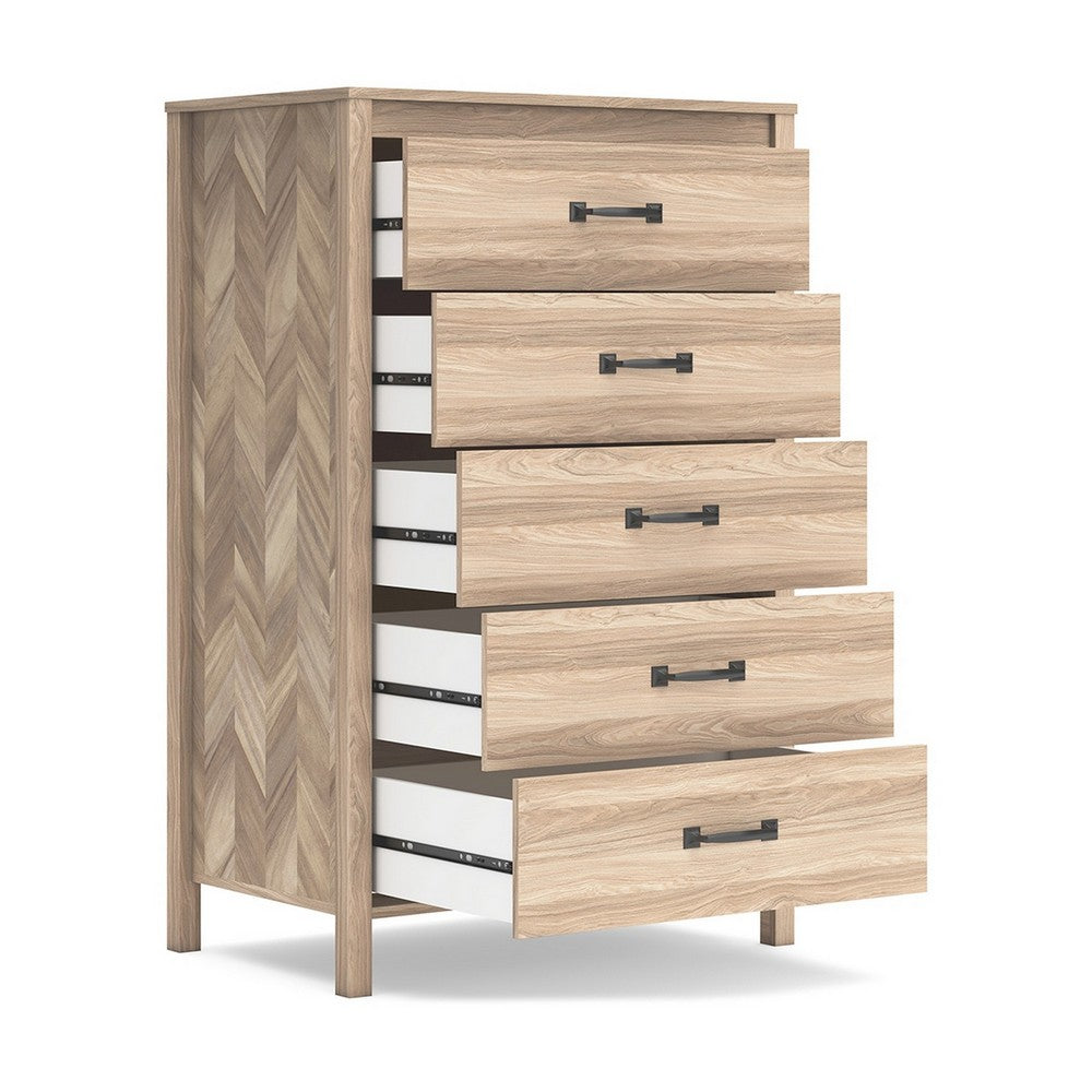 Benjara Bette Tall Dresser Chest, 5 Drawers, Light Oak Brown Finish, 60 Inch