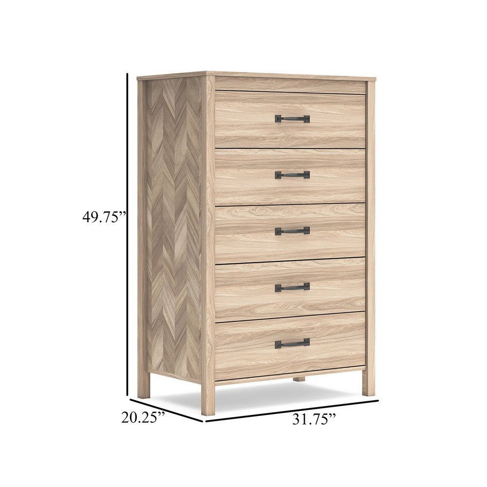 Benjara Bette Tall Dresser Chest, 5 Drawers, Light Oak Brown Finish, 60 Inch
