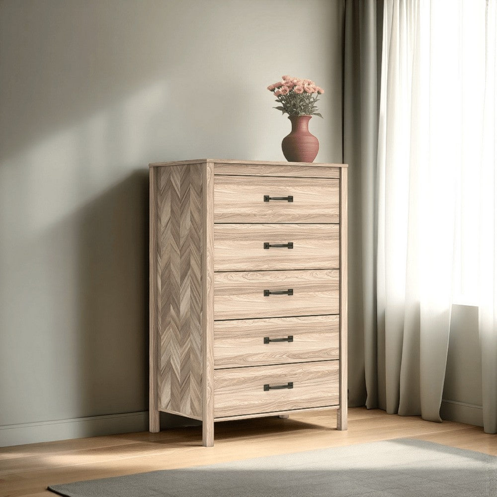 Benjara Bette Tall Dresser Chest, 5 Drawers, Light Oak Brown Finish, 60 Inch
