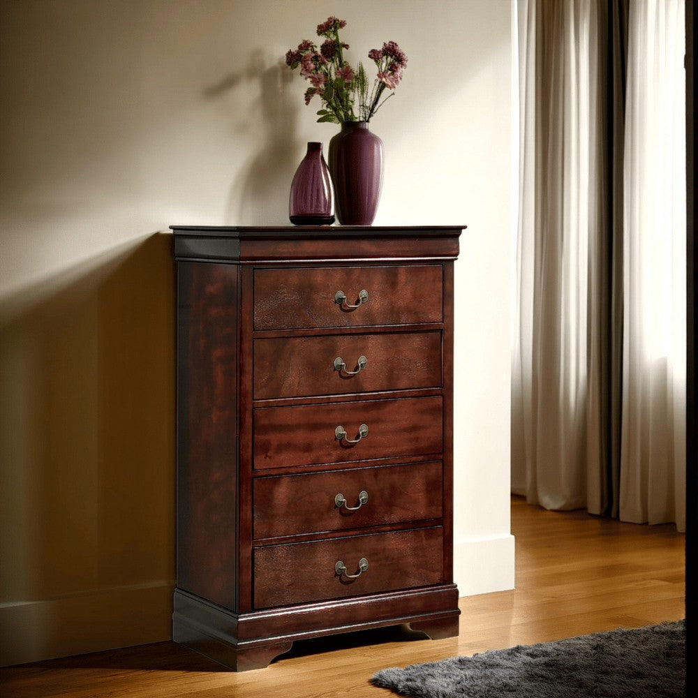 Benjara Deyr Tall Dresser Chest, 5 Drawer Bronze, Louis Philippe Molding Brown