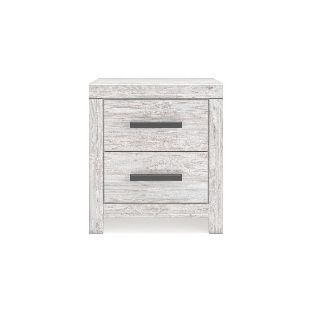 Benjara Cany Nightstand, 2 Drawers with Black Handles, Vintage Whitewash
