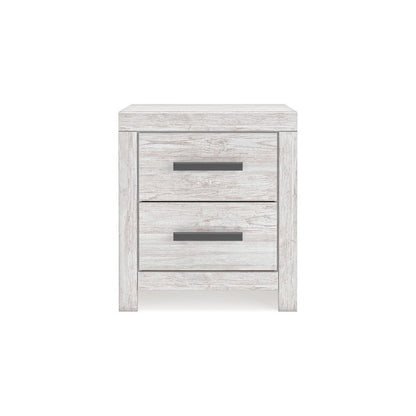 Benjara Cany Nightstand, 2 Drawers with Black Handles, Vintage Whitewash