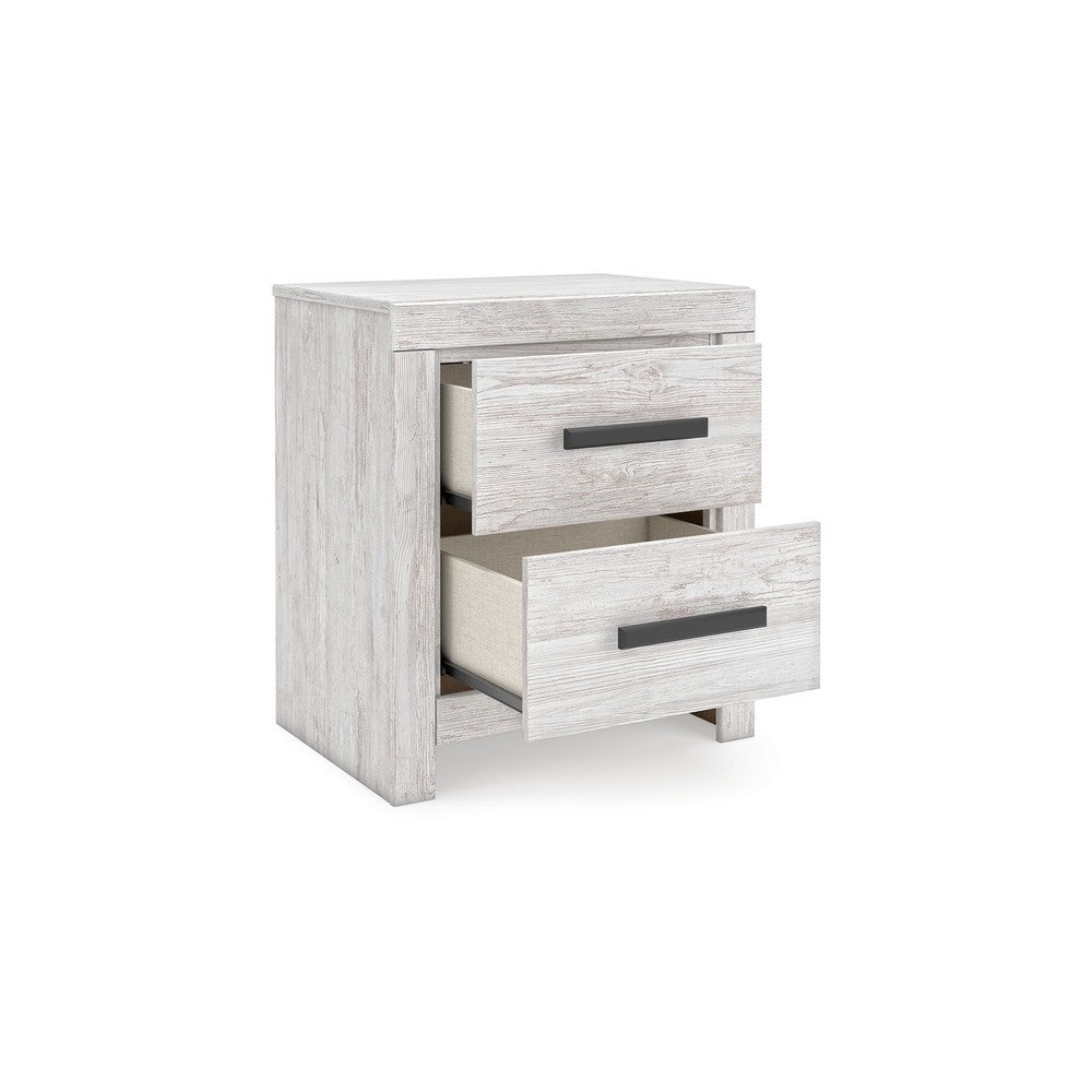 Benjara Cany Nightstand, 2 Drawers with Black Handles, Vintage Whitewash