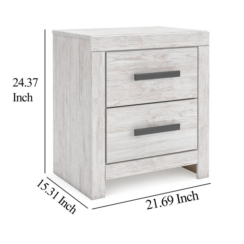 Benjara Cany Nightstand, 2 Drawers with Black Handles, Vintage Whitewash