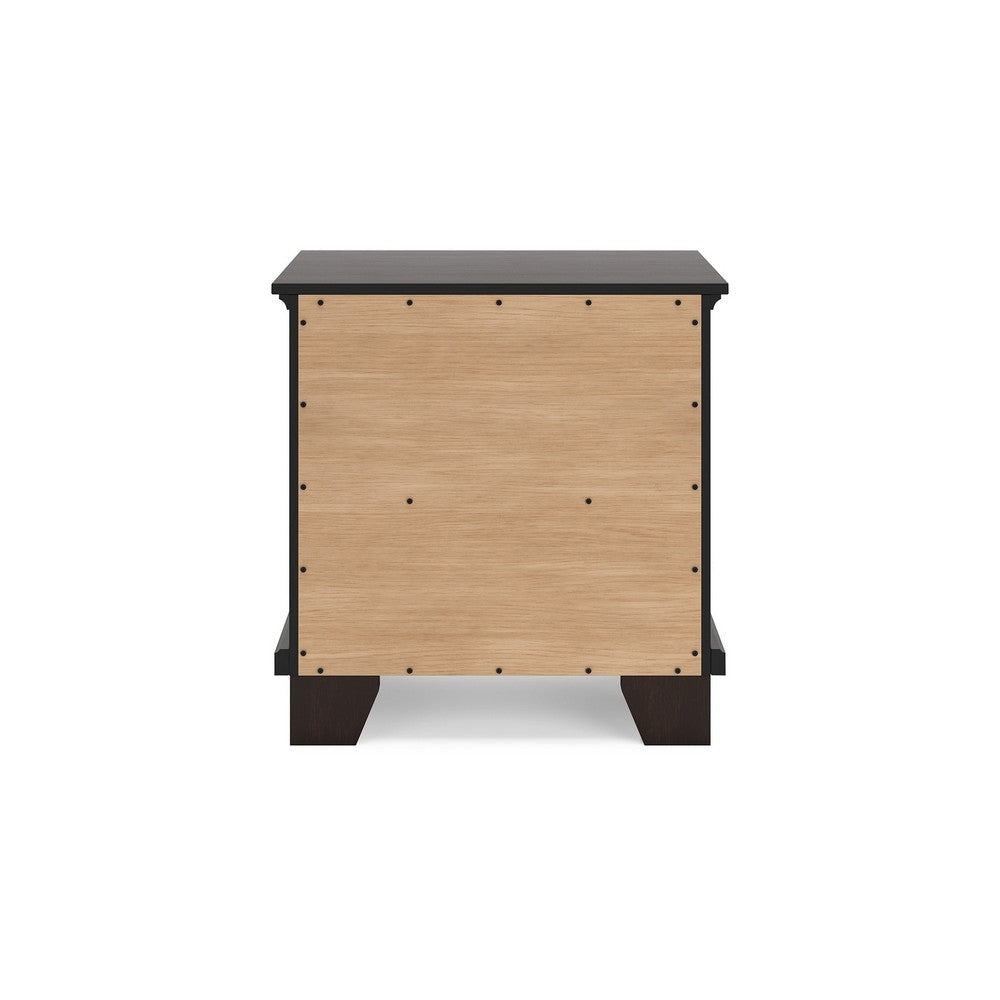 Benjara Teno Nightstand, 2 Drawers, Nickel Handles, Dark Brown Solid Hardwood