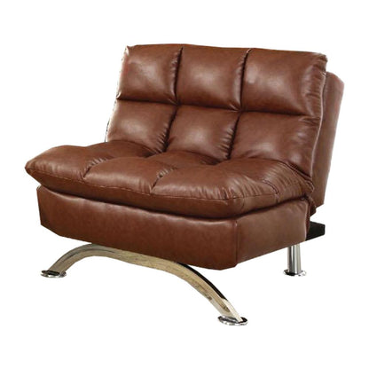 Benjara Karla Accent Chair Lounger, Chrome, Saddle Brown Tufted Faux Leather