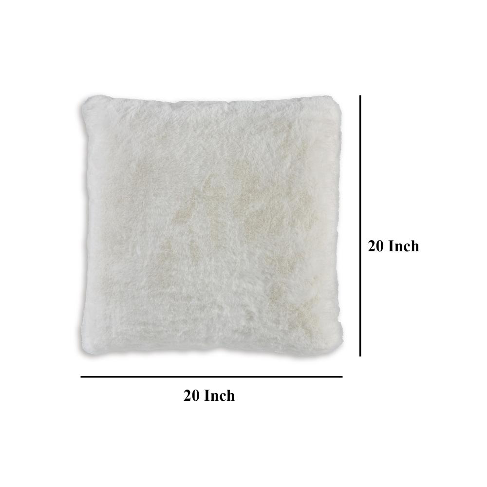 Benjara Dift Square Accent Throw Pillow, 20 Inch, White Faux Rabbit Fur Face