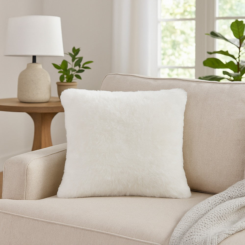 Benjara Dift Square Accent Throw Pillow, 20 Inch, White Faux Rabbit Fur Face