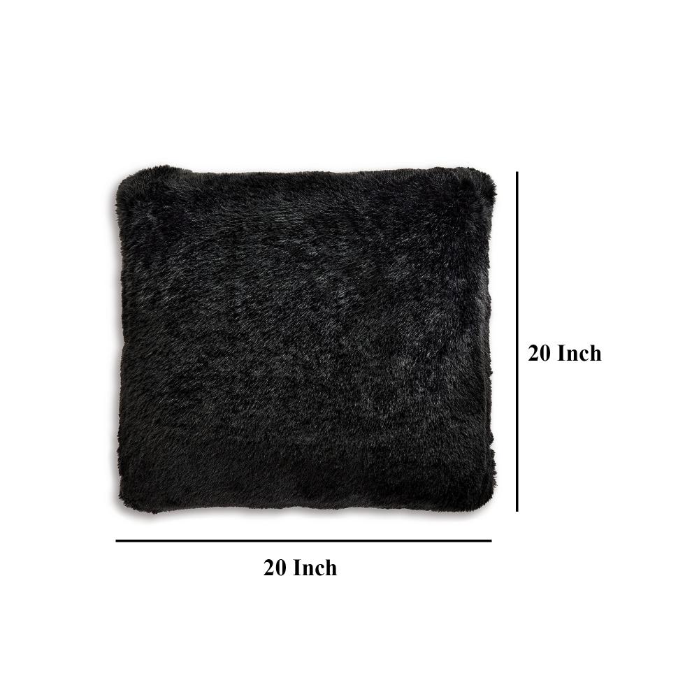 Benjara Dift Square Accent Throw Pillow, 20 Inch, Black Faux Rabbit Fur Face
