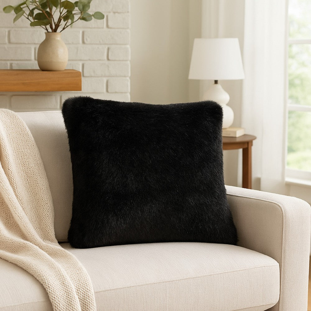 Benjara Dift Square Accent Throw Pillow, 20 Inch, Black Faux Rabbit Fur Face
