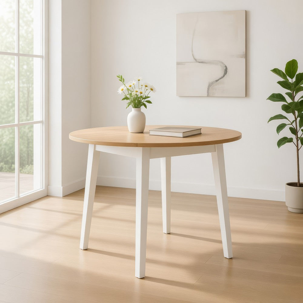 Benjara Gasy Dining Table, Extendable 26-42 Inch White Brown Wood, 2 Leaves