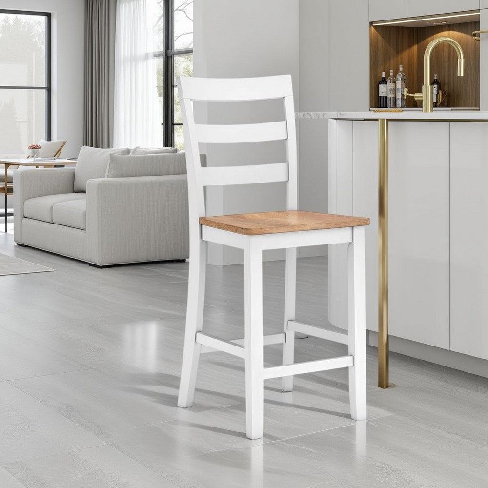Benjara Gasy Counter Chair Set of 2, 24 Inch White Brown Solid Mango Wood