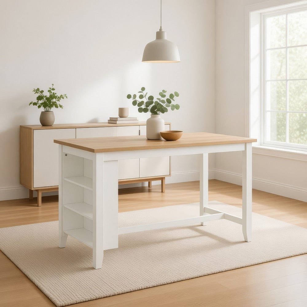Benjara Gasy Counter Height Dining Table, 60 Inch White Brown Mango Wood