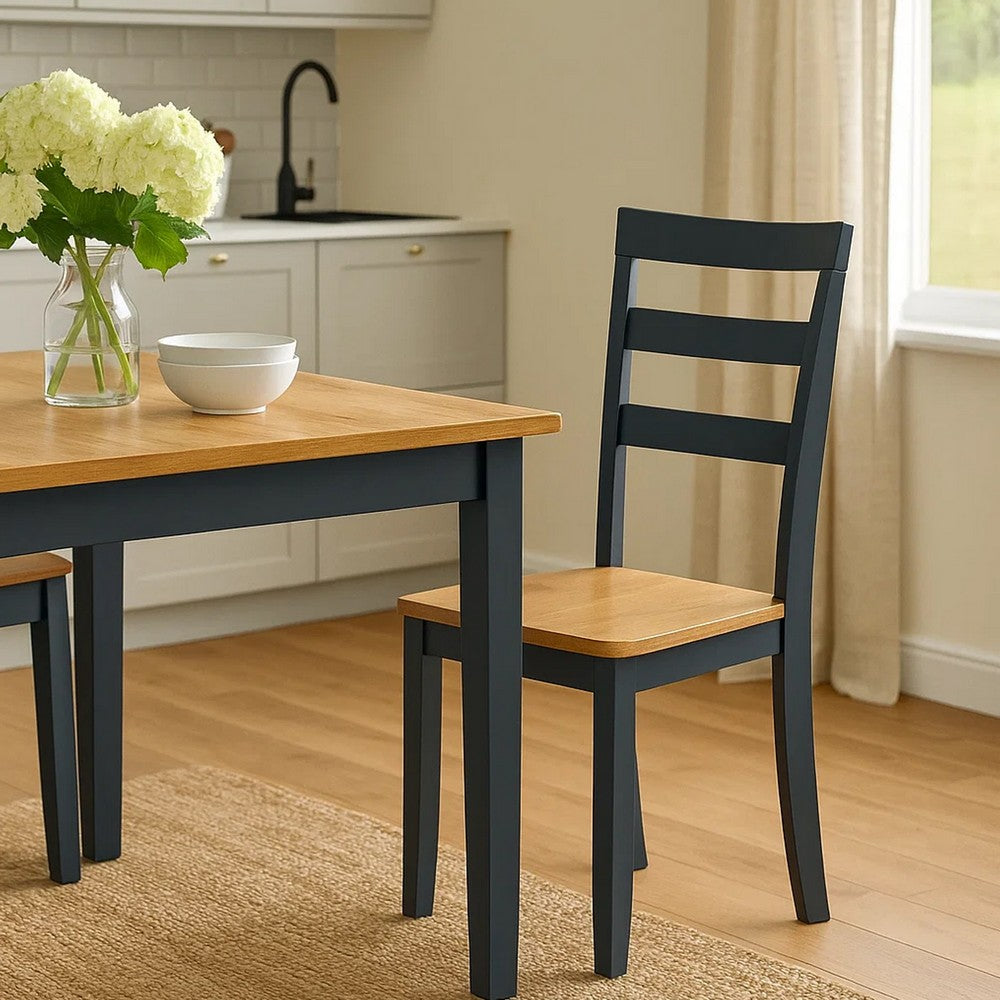 Benjara Gasy Dining Side Chair Set of 2, Dark Blue Solid Wood Brown Mango Seat