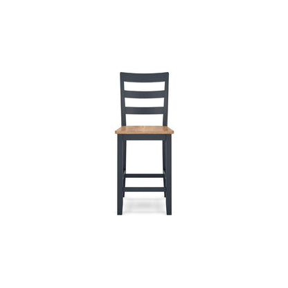Benjara Gasy Counter Height Chair Set of 2, Dark Blue Solid Wood, Brown Seat
