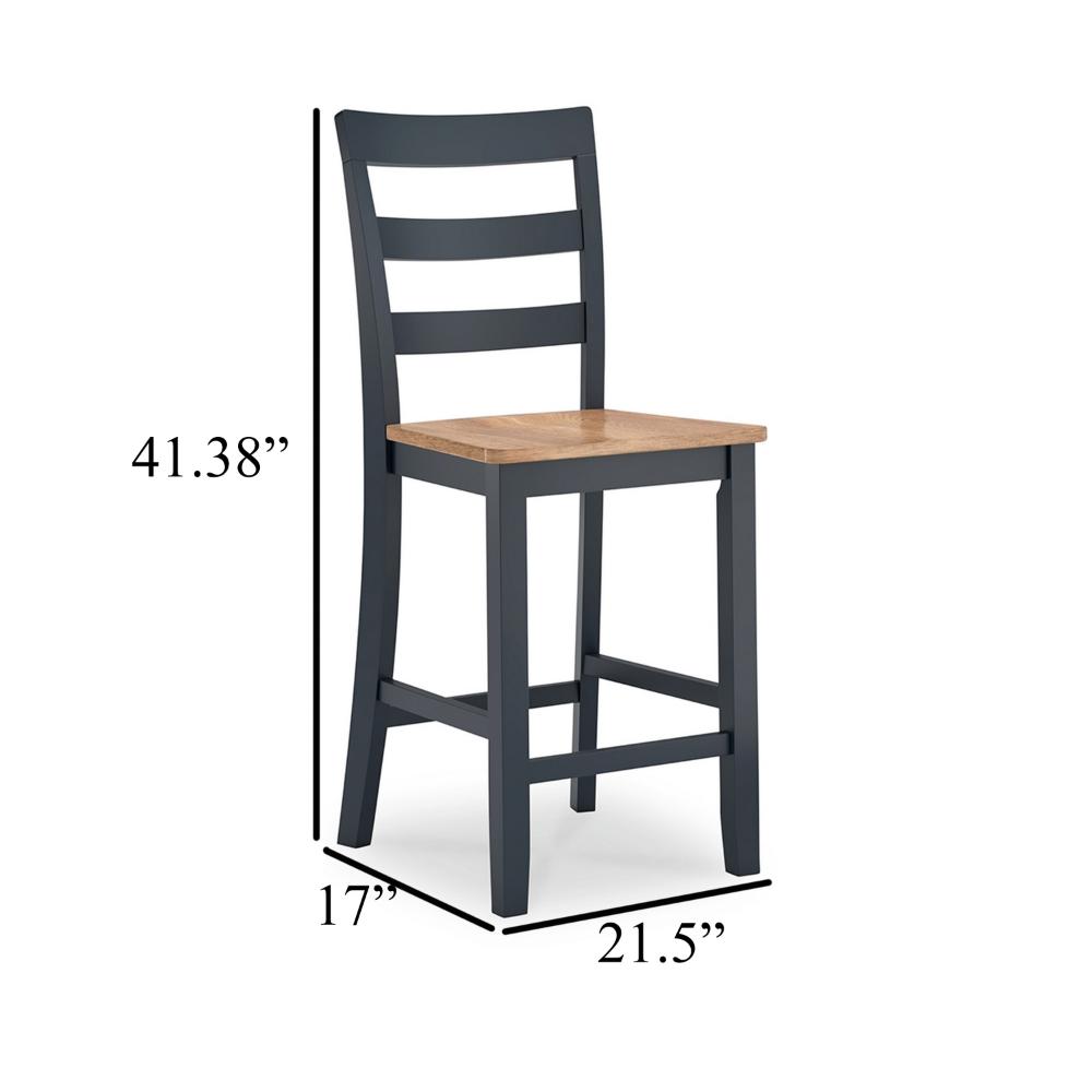 Benjara Gasy Counter Height Chair Set of 2, Dark Blue Solid Wood, Brown Seat