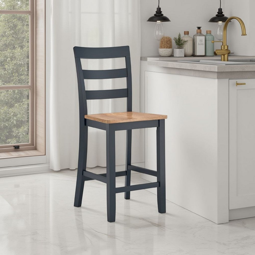 Benjara Gasy Counter Height Chair Set of 2, Dark Blue Solid Wood, Brown Seat