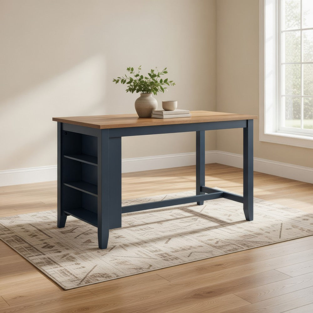 Benjara Gasy Counter Height Dining Table, 60 Inch, Dark Blue Brown Mango Wood