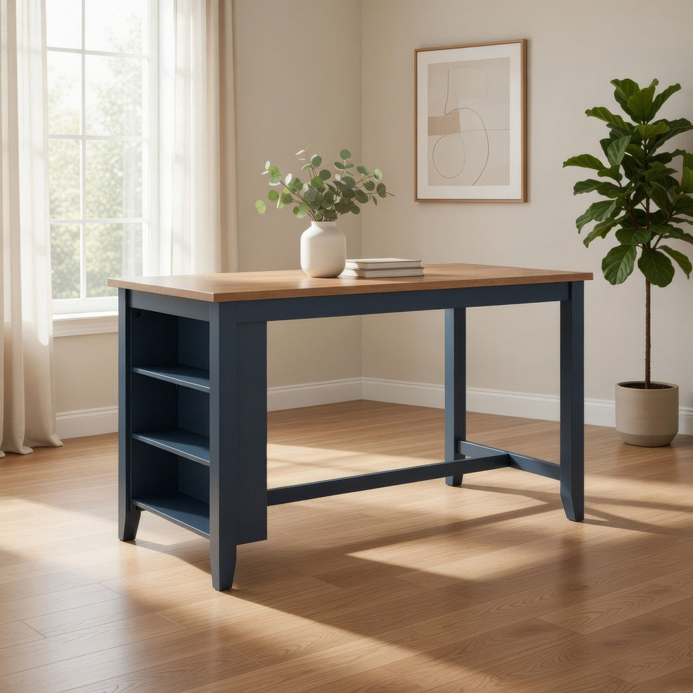 Benjara Gasy Counter Height Dining Table, 60 Inch, Dark Blue Brown Mango Wood