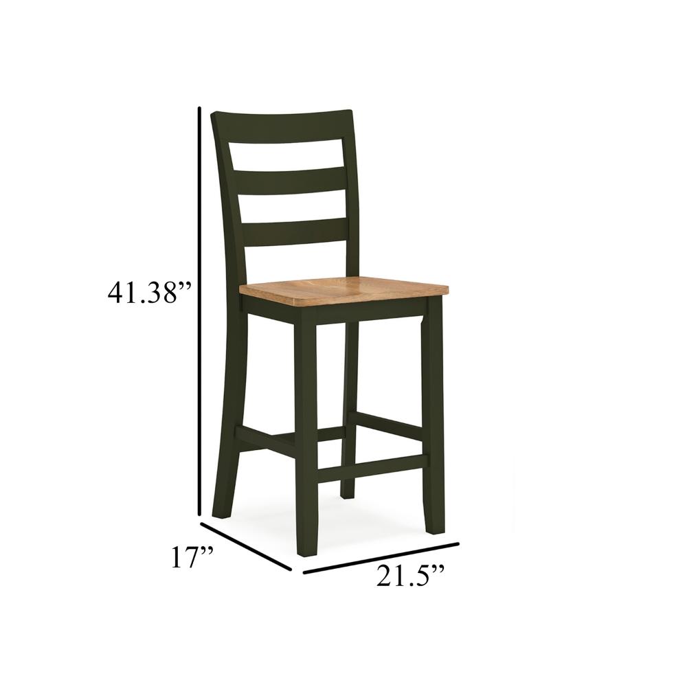 Benjara Gasy Counter Height Chair Set of 2, Dark Green Solid Wood, Brown Seat