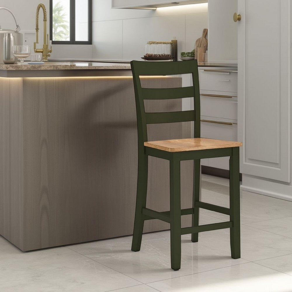 Benjara Gasy Counter Height Chair Set of 2, Dark Green Solid Wood, Brown Seat
