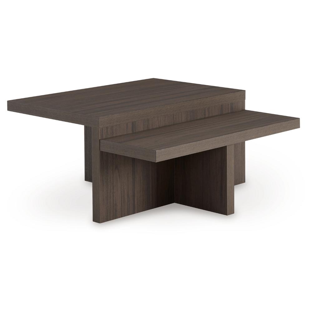 Benjara Zeny 2pc Coffee And Side Table Set, Geometric Cross Base, Dark Brown