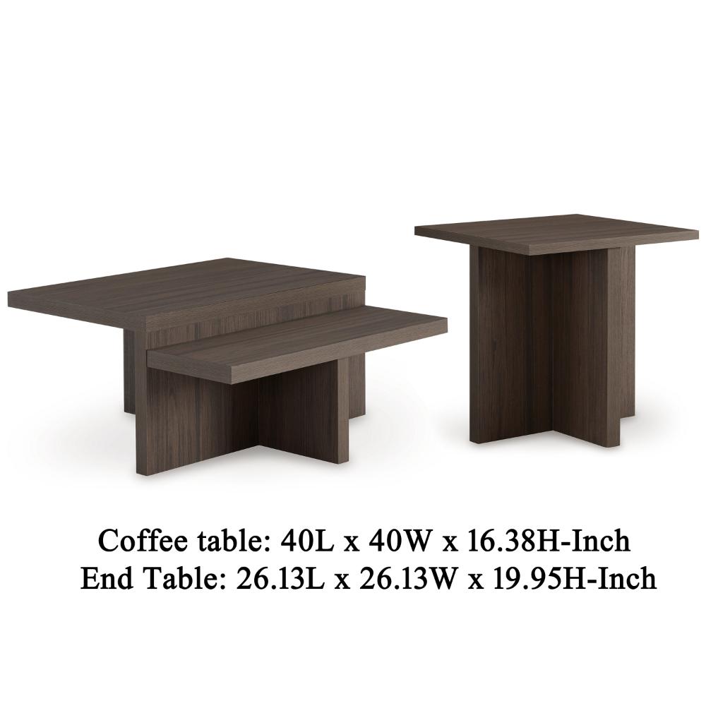 Benjara Zeny 2pc Coffee And Side Table Set, Geometric Cross Base, Dark Brown