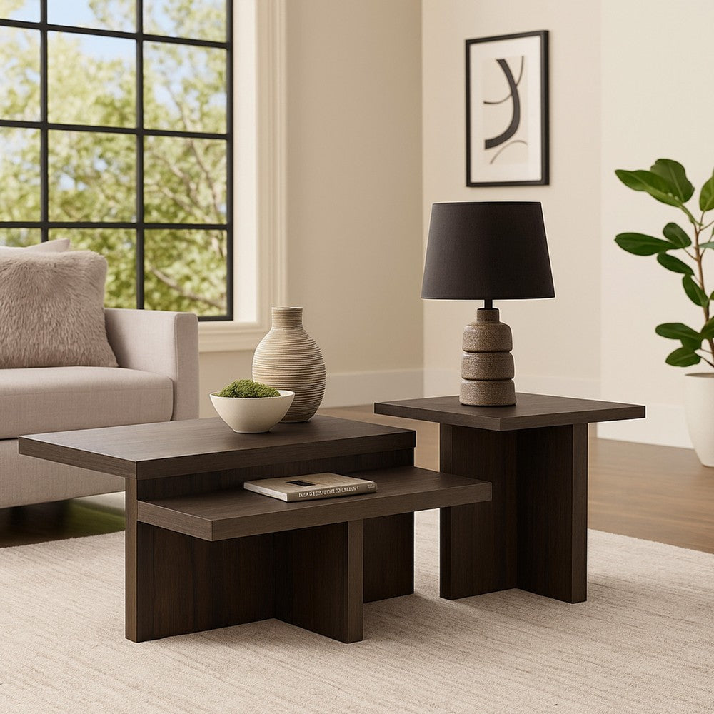 Benjara Zeny 2pc Coffee And Side Table Set, Geometric Cross Base, Dark Brown