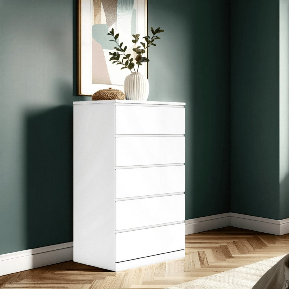 Benjara Onira Tall Dresser Chest, 5 Spacious Drawers, Modern White, 49 Inch
