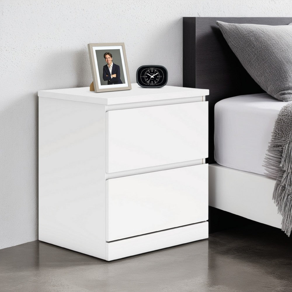 Benjara Onira Nightstand, 2 Spacious Drawers, Modern White Wood, 18 Inch