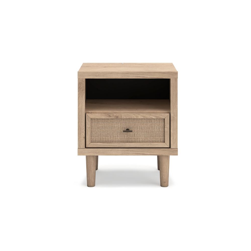 Benjara Ciel Nightstand w USB LED, Faux Linen Laminate, Cane Drawer, Oak Brown