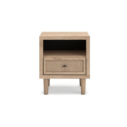 Benjara Ciel Nightstand w USB LED, Faux Linen Laminate, Cane Drawer, Oak Brown