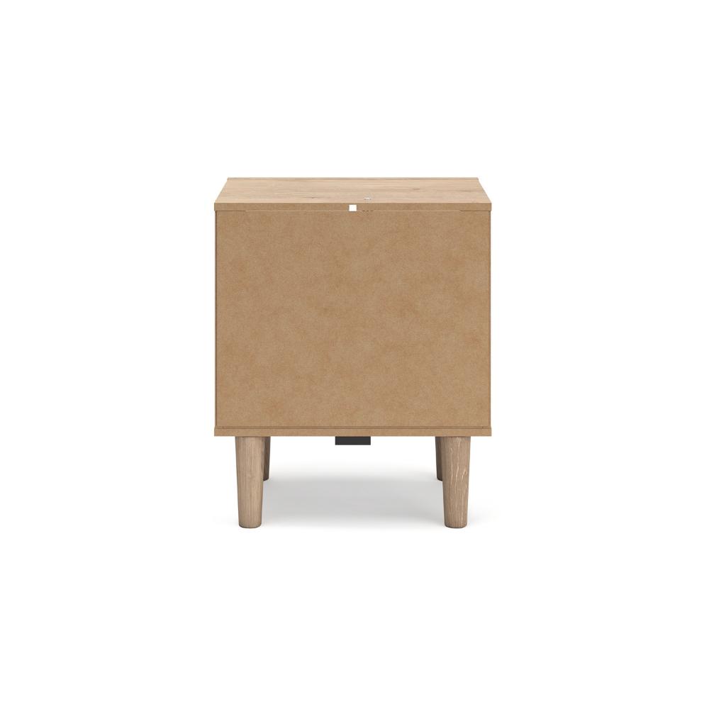 Benjara Ciel Nightstand w USB LED, Faux Linen Laminate, Cane Drawer, Oak Brown