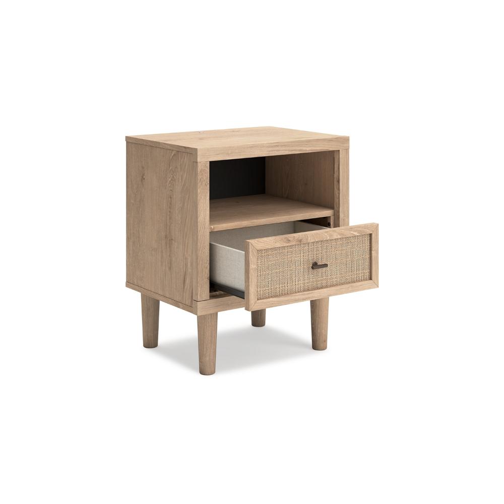 Benjara Ciel Nightstand w USB LED, Faux Linen Laminate, Cane Drawer, Oak Brown