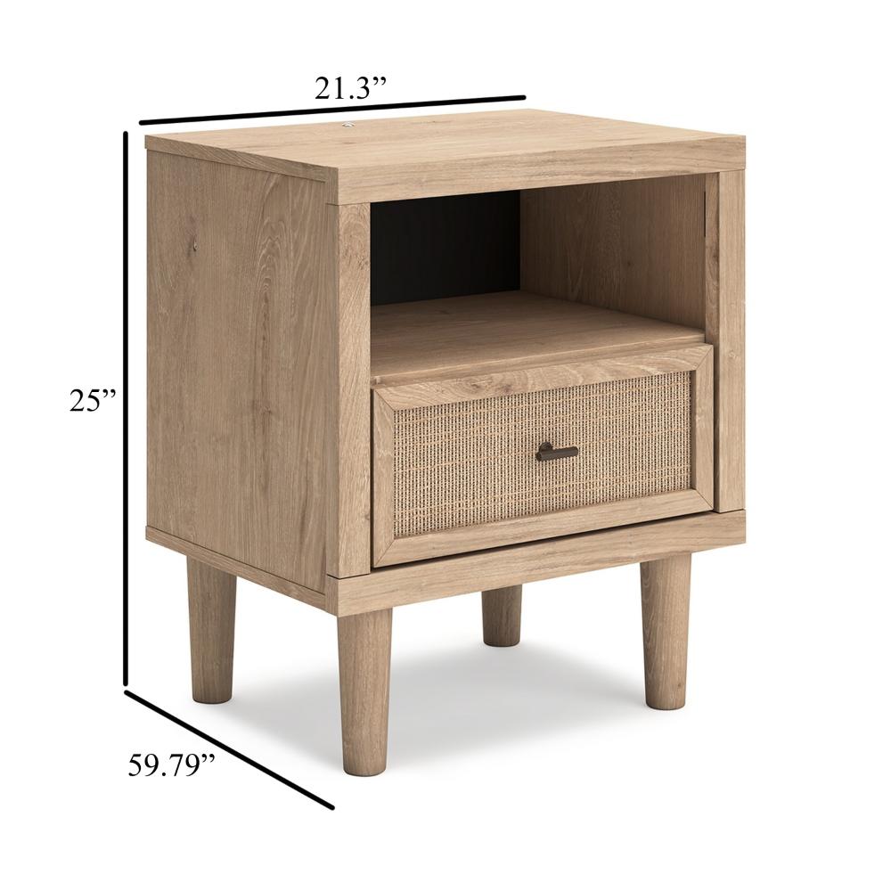 Benjara Ciel Nightstand w USB LED, Faux Linen Laminate, Cane Drawer, Oak Brown