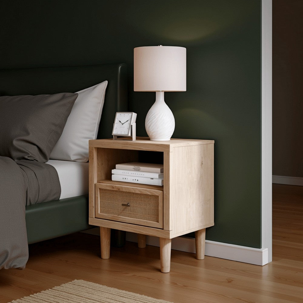 Benjara Ciel Nightstand w USB LED, Faux Linen Laminate, Cane Drawer, Oak Brown