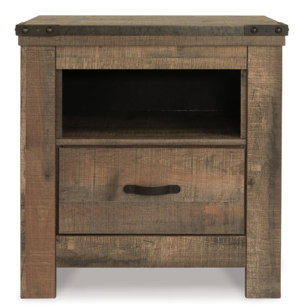 Benjara Zoey Nightstand w Drawer And Shelf, USB, Rustic Brown Plank Details