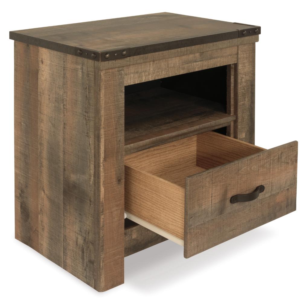 Benjara Zoey Nightstand w Drawer And Shelf, USB, Rustic Brown Plank Details