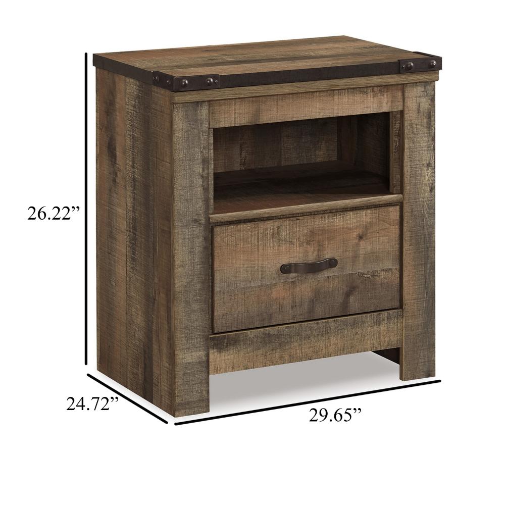 Benjara Zoey Nightstand w Drawer And Shelf, USB, Rustic Brown Plank Details