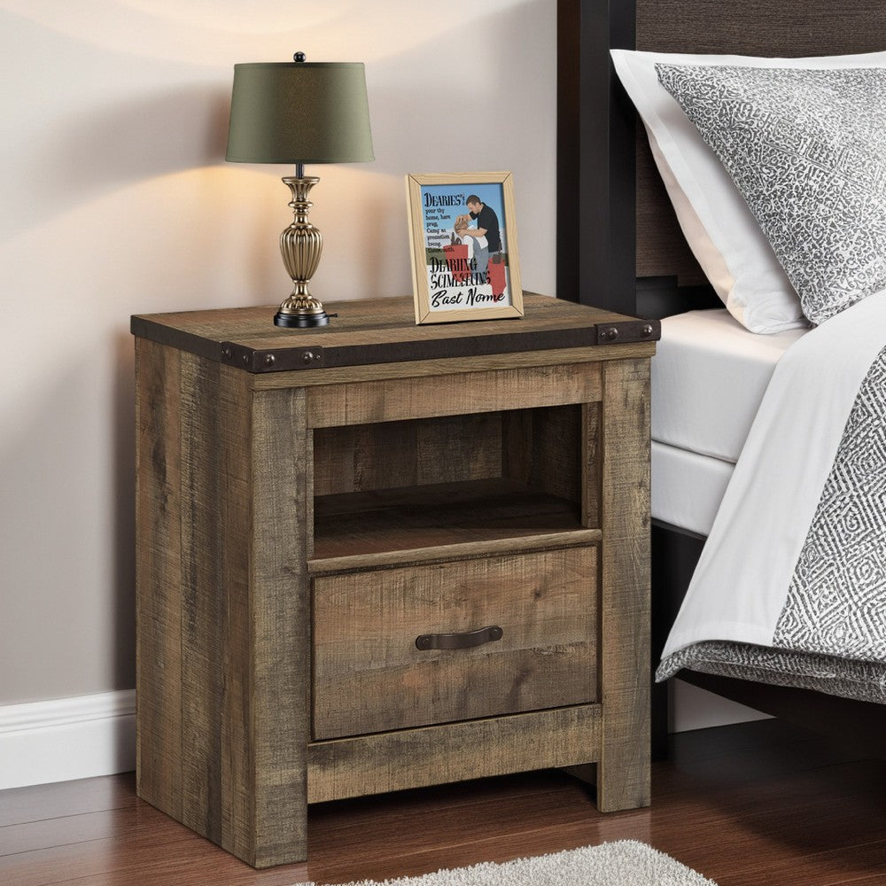 Benjara Zoey Nightstand w Drawer And Shelf, USB, Rustic Brown Plank Details