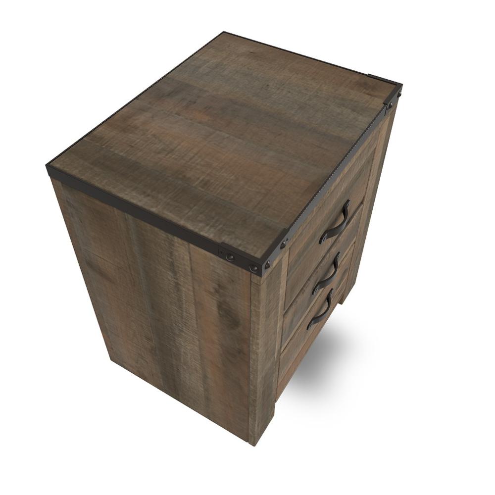 Benjara Zoey Nightstand w 2 Drawers, USB Port, Rustic Brown Plank Details