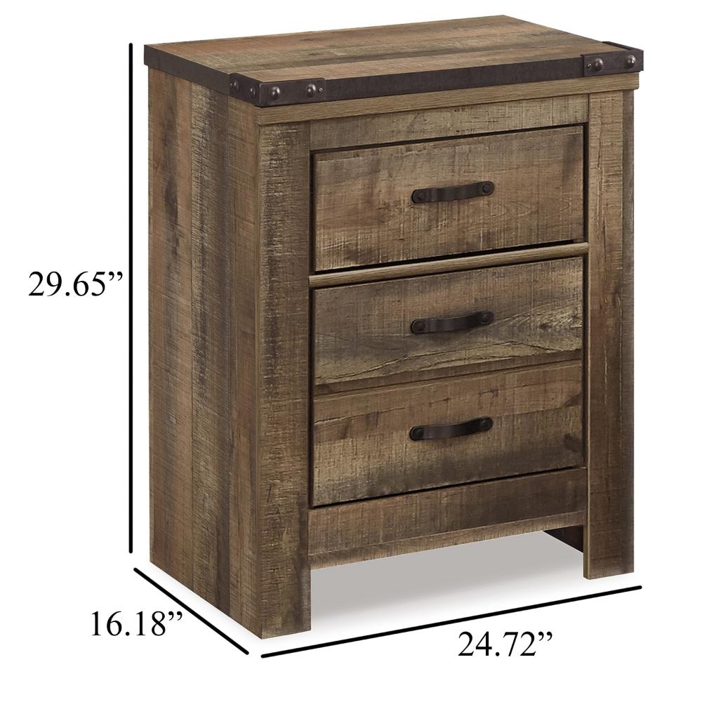 Benjara Zoey Nightstand w 2 Drawers, USB Port, Rustic Brown Plank Details