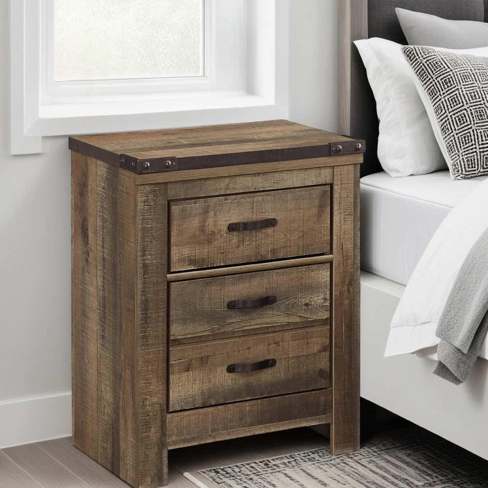 Benjara Zoey Nightstand w 2 Drawers, USB Port, Rustic Brown Plank Details