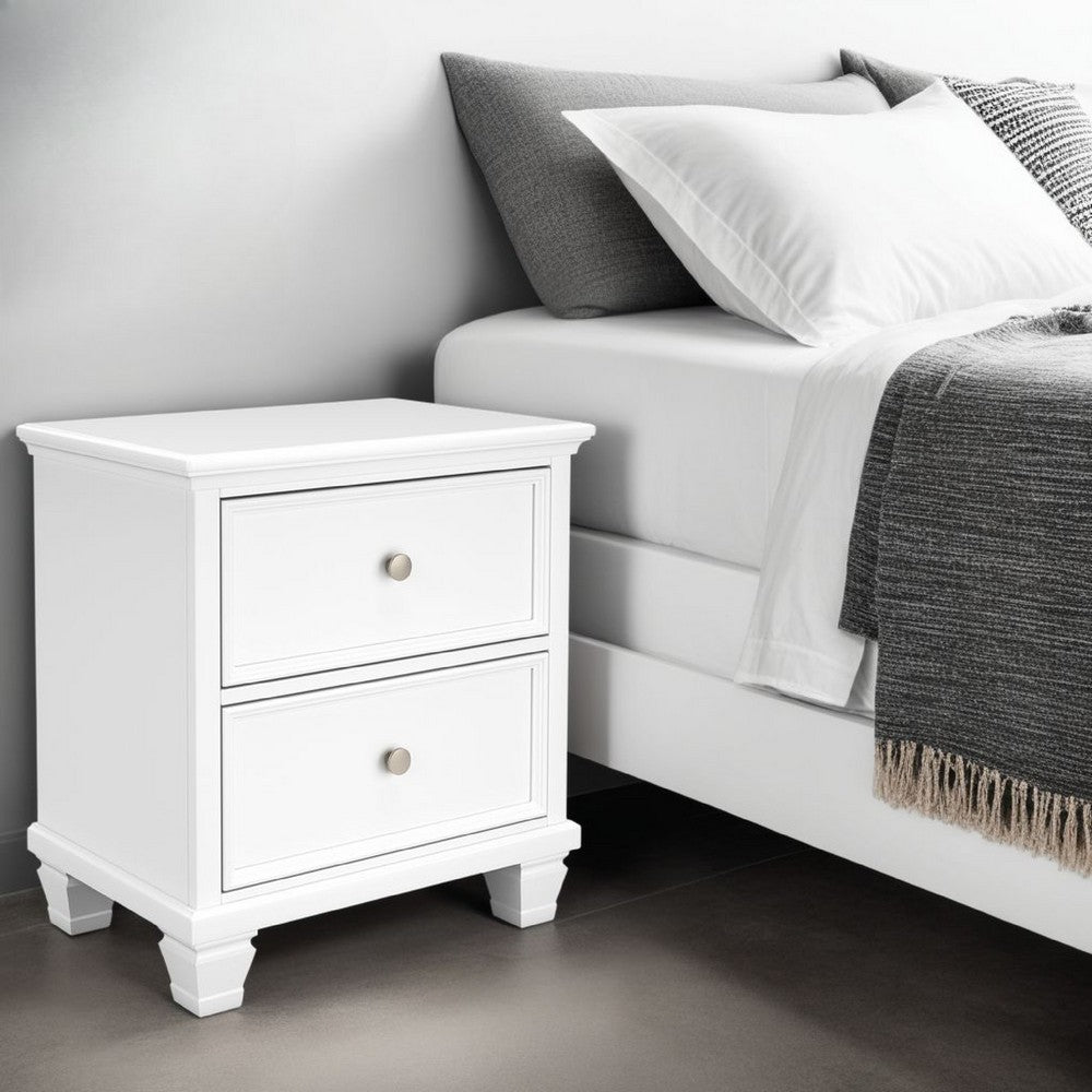 Benjara Heno Nightstand, 2 Wide Storage Drawers, Nickel Round Knobs, White